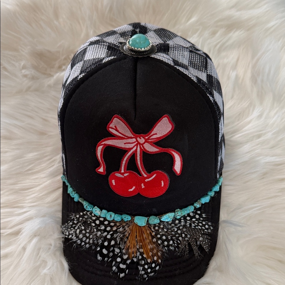 Black Cherry Embroidered Women's Baseball Cap with Turquoise Trim